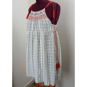 THML Embroidered Sundress Small cotton jumper blue white red tassel ties TM4565